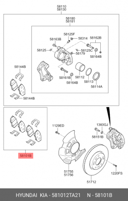 Колодки тормозные дисковые 581012TA21 HYUNDAI KIA