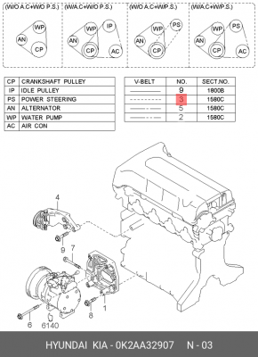 Ремень приводной 0K2AA32907 HYUNDAI KIA